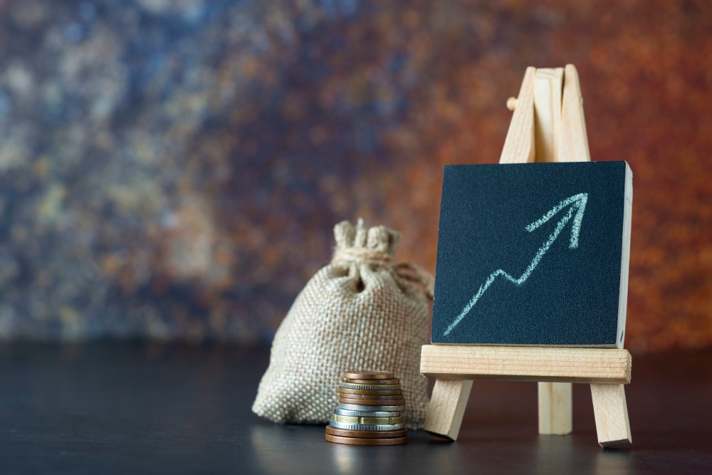 financial money bag up drawn chart increase salary income copyspace